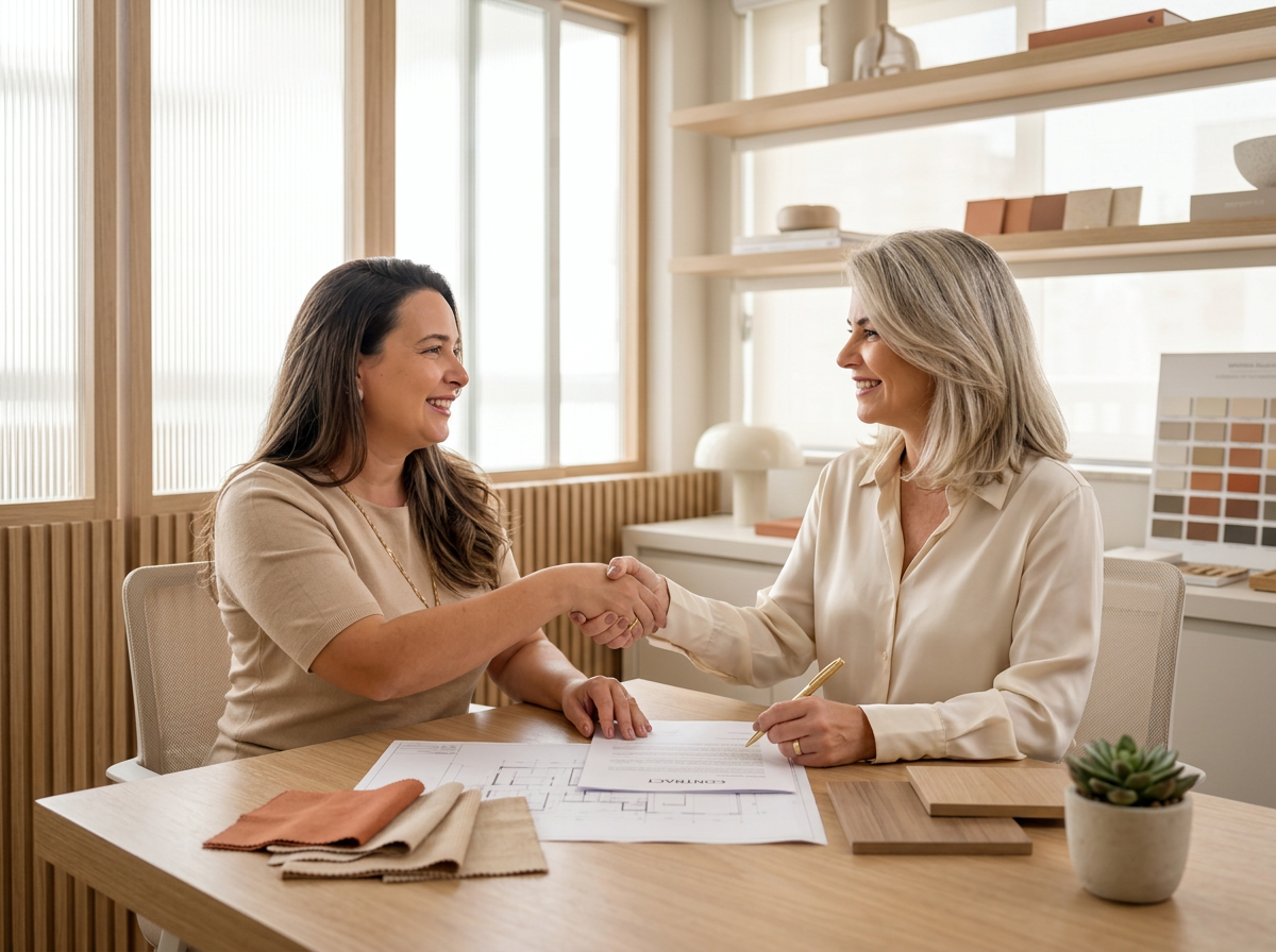 Marcela De Boni com cliente em escritório de arquitetura